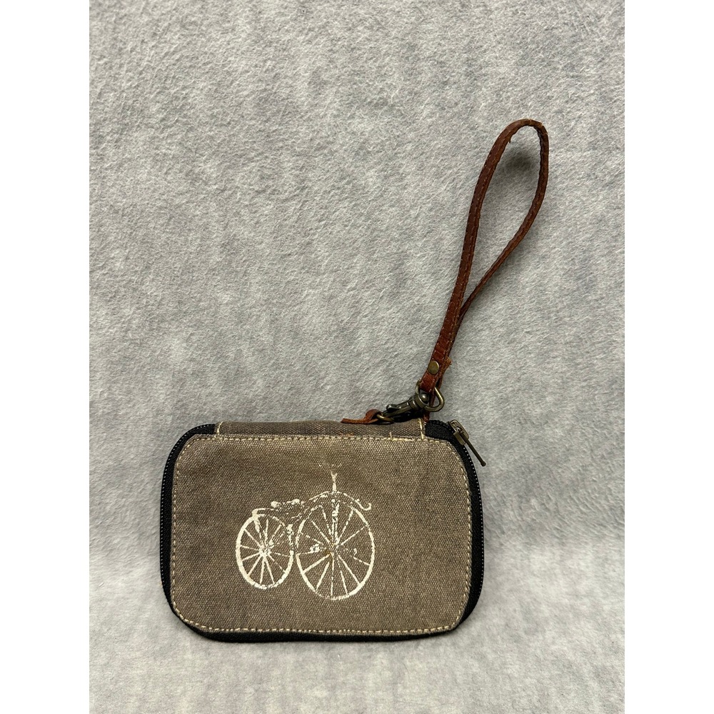 Mona B Wristlet Wallet Brown Upcycled Canvas Vintage Bicycle 1889‎ Graphic